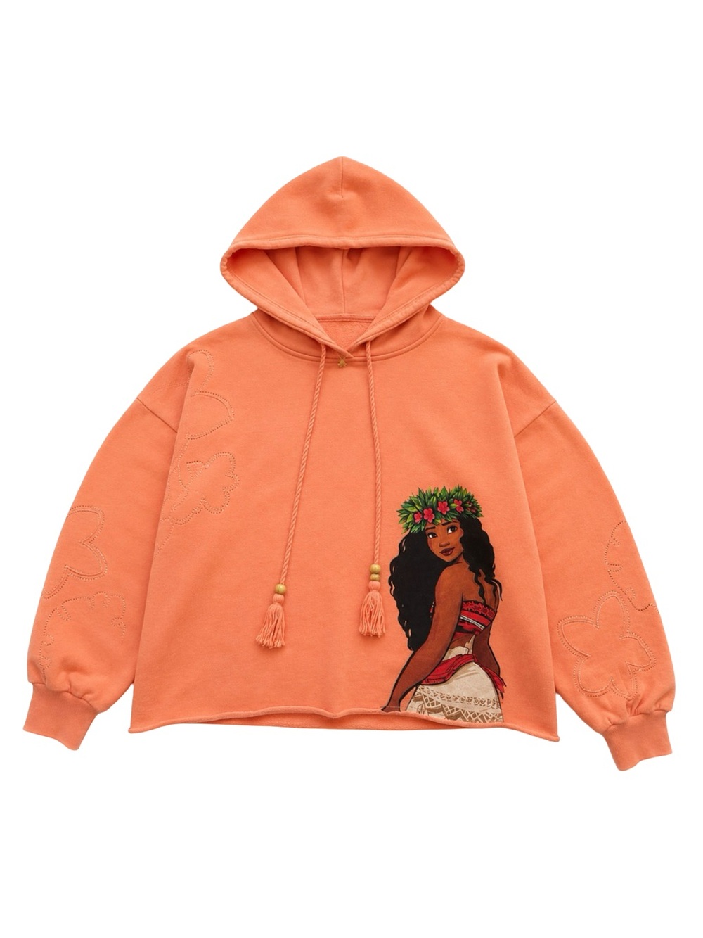 Disney Moana Cropped Hoodie Coral Embroidered Boho beaded Tassel sweatshirt S
